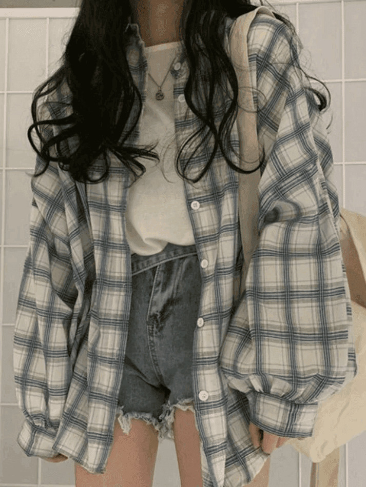 Checkered Puff Sleeve Button Blouse - Vintage Y2K Fashion with Coquette Aesthetic and Grunge Style