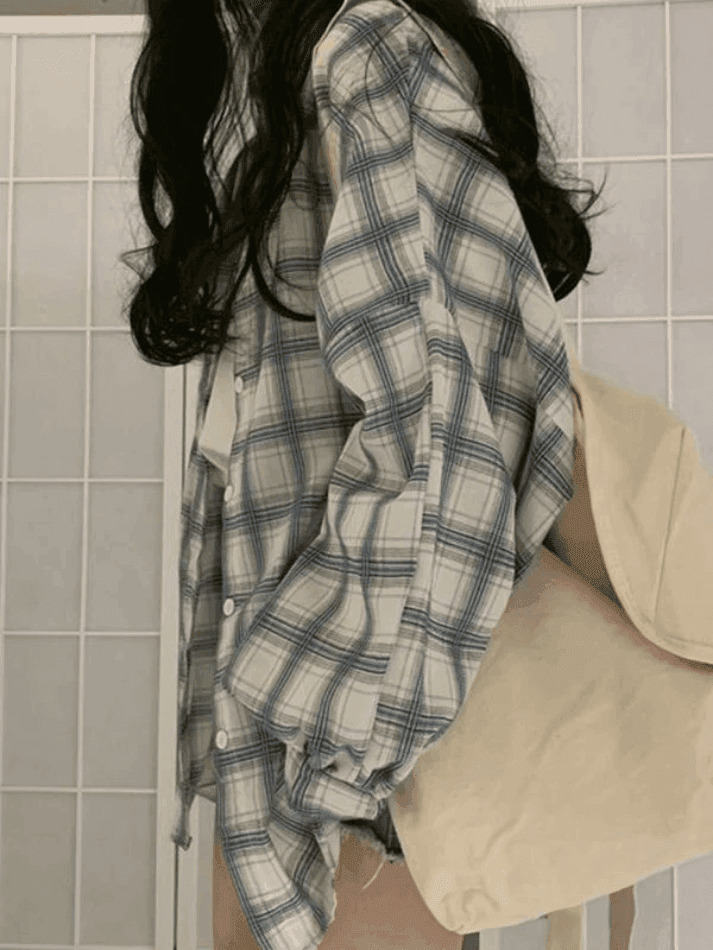 Checkered Puff Sleeve Button Blouse - Vintage Y2K Fashion with Coquette Aesthetic and Grunge Style