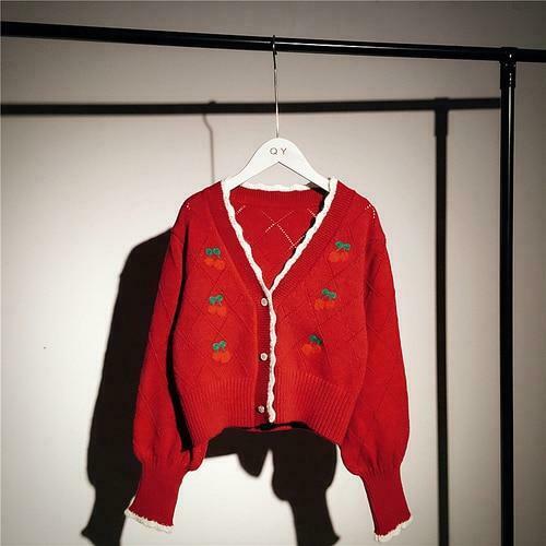 Cherry Embroidered Pointelle Knit Sweater - Y2K Fashion Coquette Aesthetic