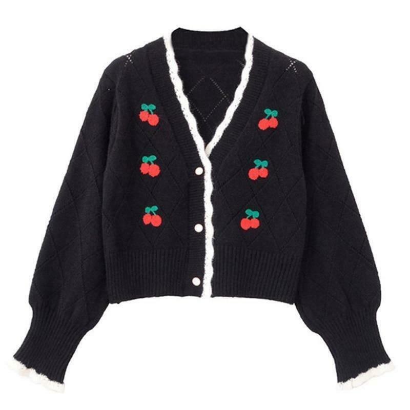 Cherry Embroidered Pointelle Knit Sweater - Y2K Fashion Coquette Aesthetic