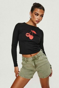 Cherry Print Small T-Shirt in Y2K Fashion Aesthetic for Women