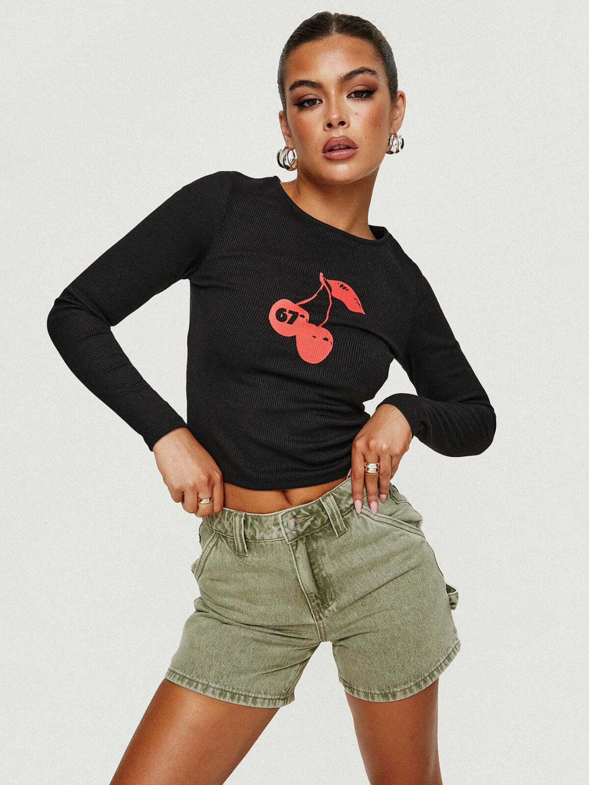 Cherry Print Small T-Shirt in Y2K Fashion Aesthetic for Women
