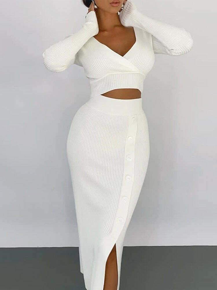 Claire Knitted Crop Top & Skirt Set - Y2K Fashion Coquette Aesthetic Outfit for Women