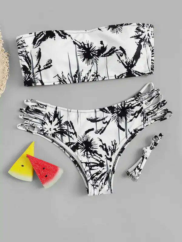 Coco Palm Print Cut Bikini Set - Y2K Fashion Swimwear for Women with Coquette Aesthetic