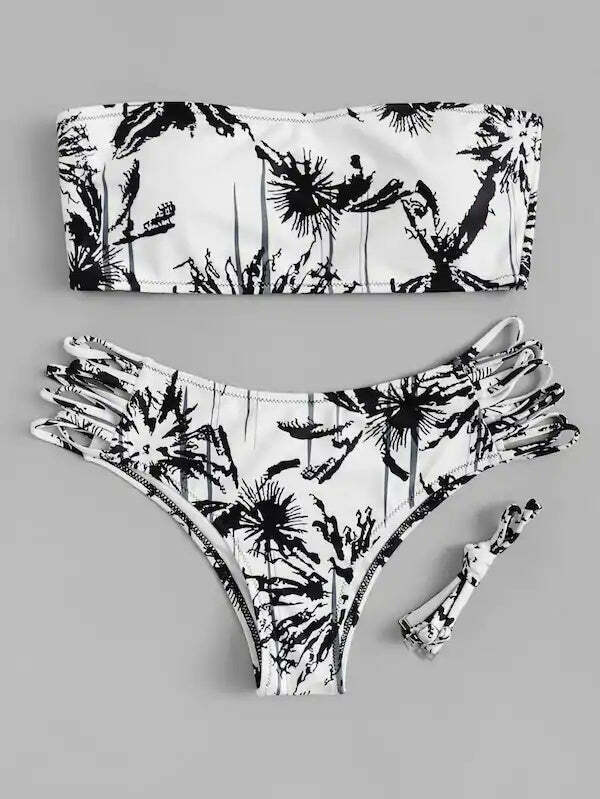 Coco Palm Print Cut Bikini Set - Y2K Fashion Swimwear for Women with Coquette Aesthetic