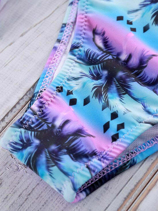 Coconut Palm Print Strapless Bikini Set for Y2K Fashion Enthusiasts