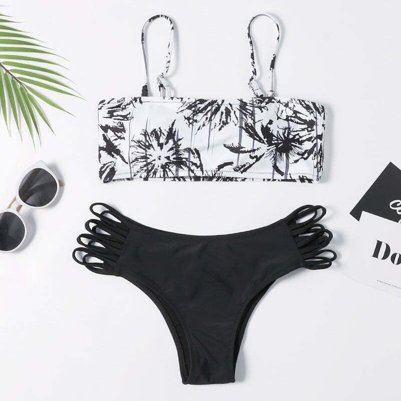 Coconut Palm Reversible Bikini Set - Y2K Fashion Swimwear with Button Detail