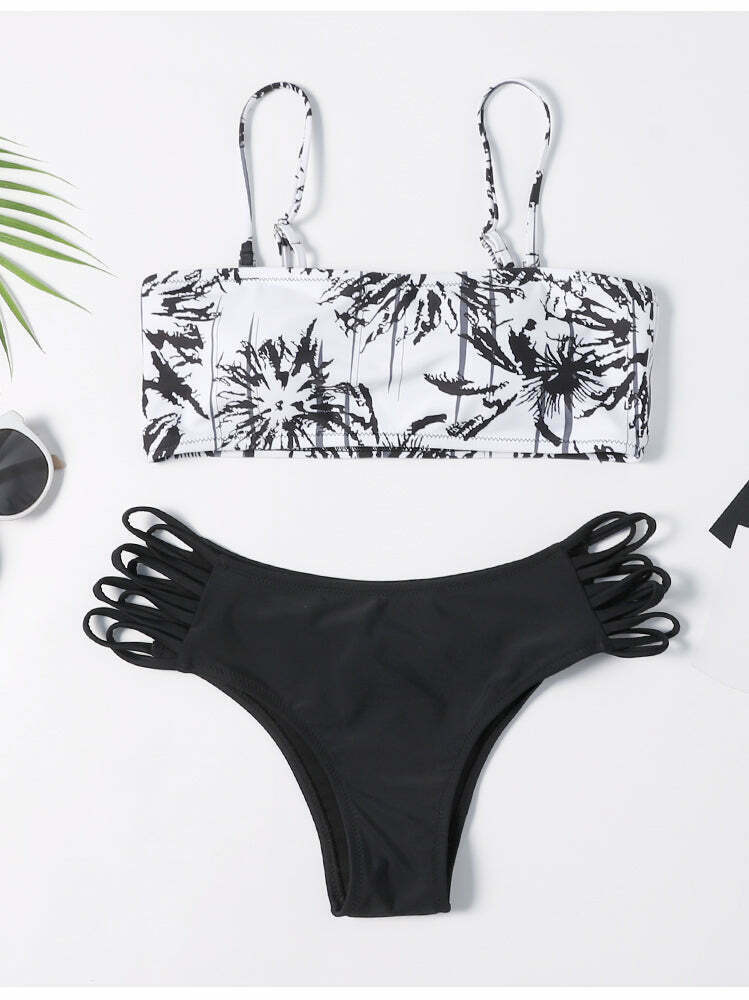 Coconut Palm Reversible Bikini Set - Y2K Fashion Swimwear with Button Detail