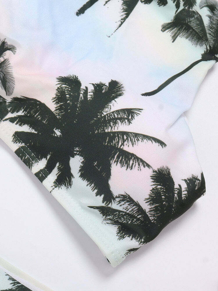 Coconut Tree Print Criss-Cross Tankini for Y2K Fashion Enthusiasts