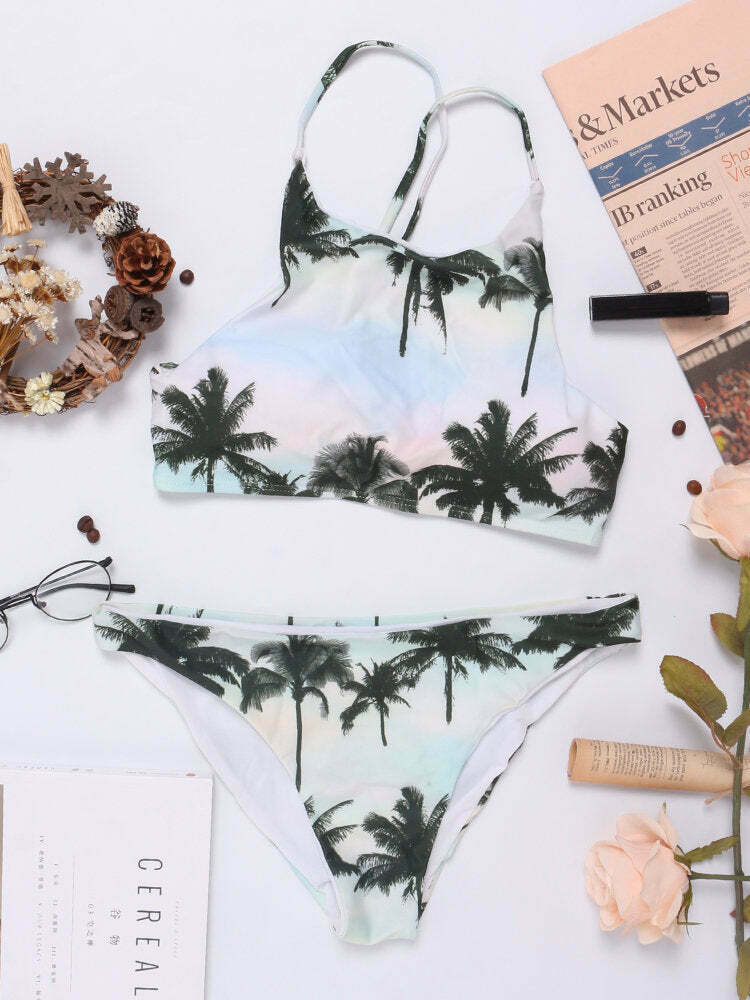 Coconut Tree Print Criss-Cross Tankini for Y2K Fashion Enthusiasts