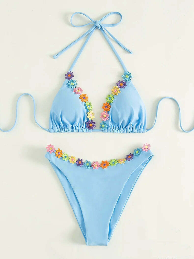 Colorful Flower Straps Bikini - Y2K Fashion Swimwear for Women