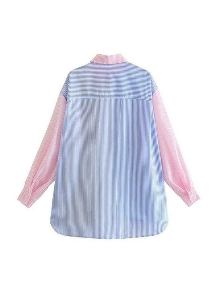 Colorful Pinstripe Splice Baggy Long Sleeve Blouse for Y2K Fashion Enthusiasts