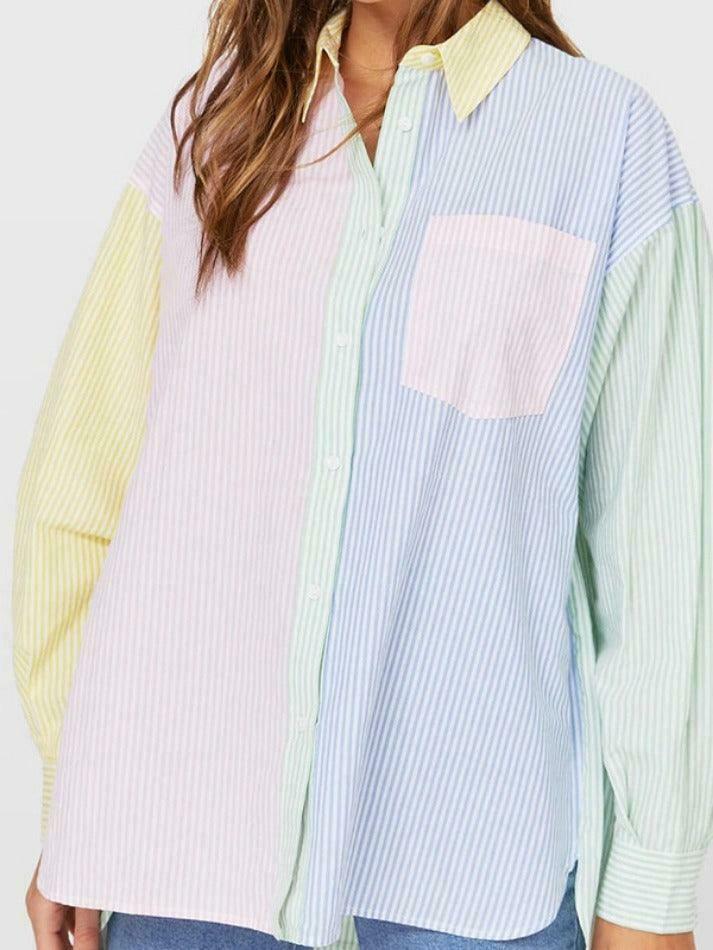 Colorful Pinstripe Splice Baggy Long Sleeve Blouse for Y2K Fashion Enthusiasts
