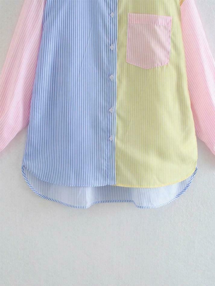 Colorful Pinstripe Splice Baggy Long Sleeve Blouse for Y2K Fashion Enthusiasts