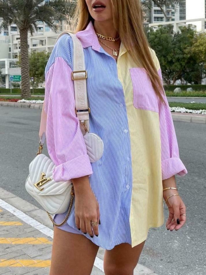 Colorful Pinstripe Splice Baggy Long Sleeve Blouse for Y2K Fashion Enthusiasts