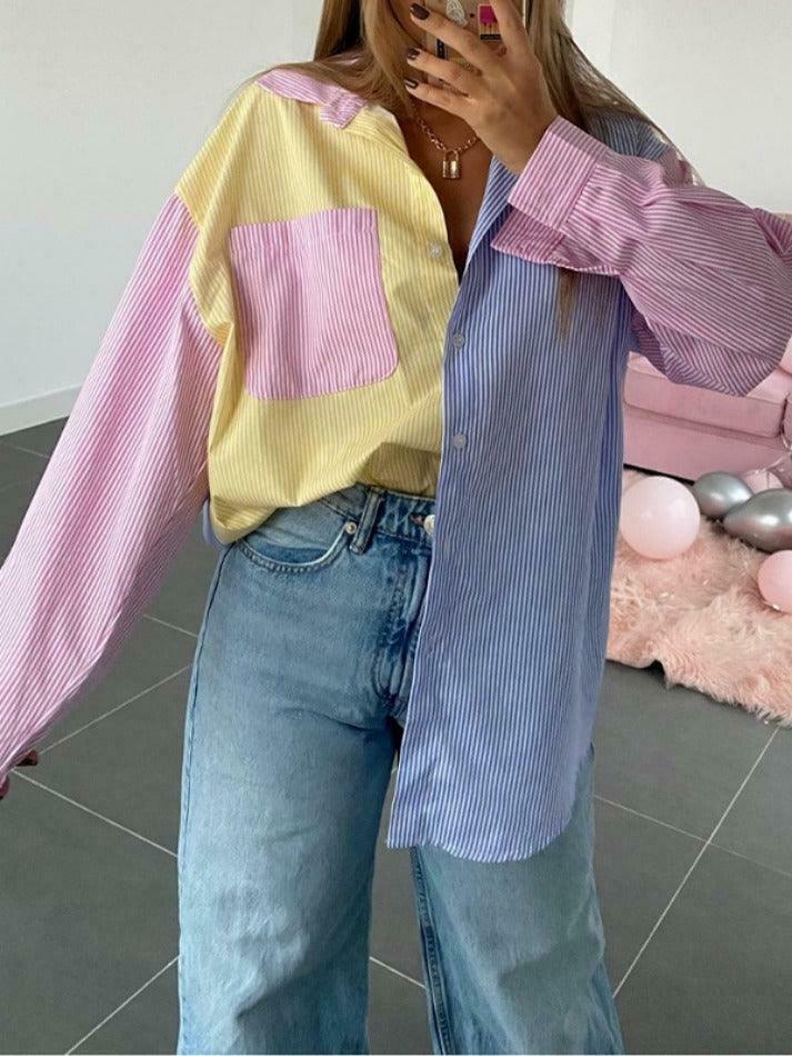 Colorful Pinstripe Splice Baggy Long Sleeve Blouse for Y2K Fashion Enthusiasts