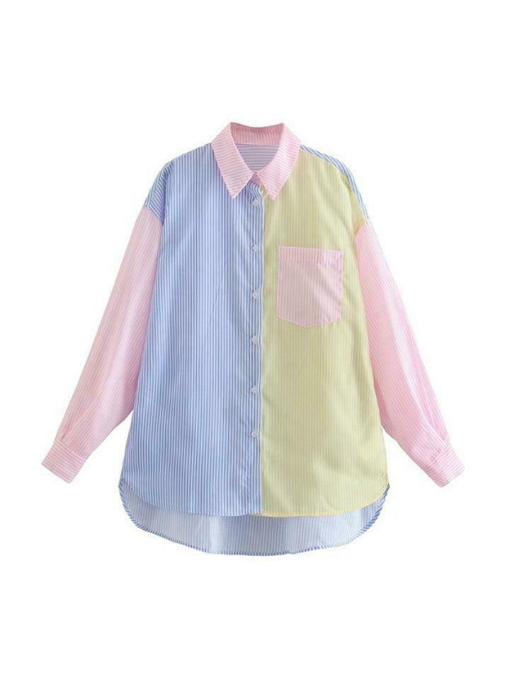 Colorful Pinstripe Splice Baggy Long Sleeve Blouse for Y2K Fashion Enthusiasts