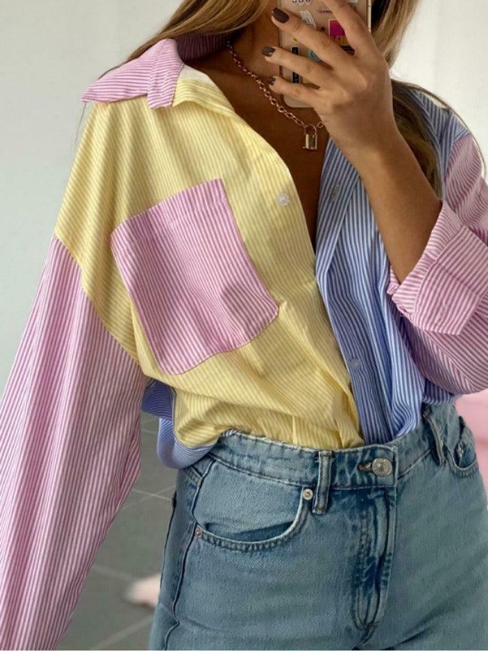 Colorful Pinstripe Splice Baggy Long Sleeve Blouse for Y2K Fashion Enthusiasts