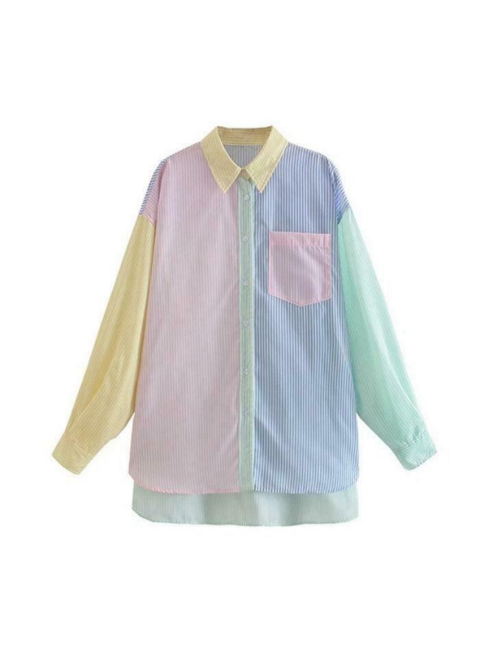 Colorful Pinstripe Splice Baggy Long Sleeve Blouse for Y2K Fashion Enthusiasts