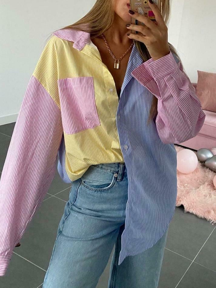 Colorful Pinstripe Splice Baggy Long Sleeve Blouse for Y2K Fashion Enthusiasts