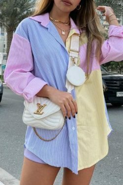 Colorful Pinstripe Splice Baggy Long Sleeve Blouse for Y2K Fashion Enthusiasts