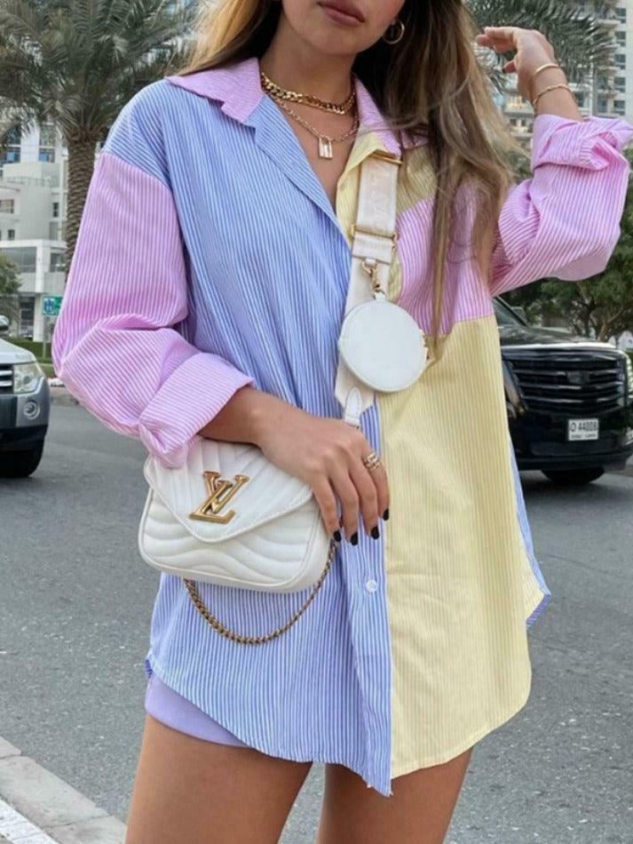 Colorful Pinstripe Splice Baggy Long Sleeve Blouse for Y2K Fashion Enthusiasts