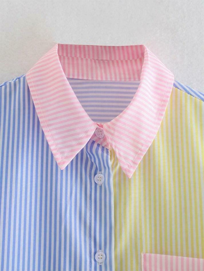 Colorful Pinstripe Splice Baggy Long Sleeve Blouse for Y2K Fashion Enthusiasts