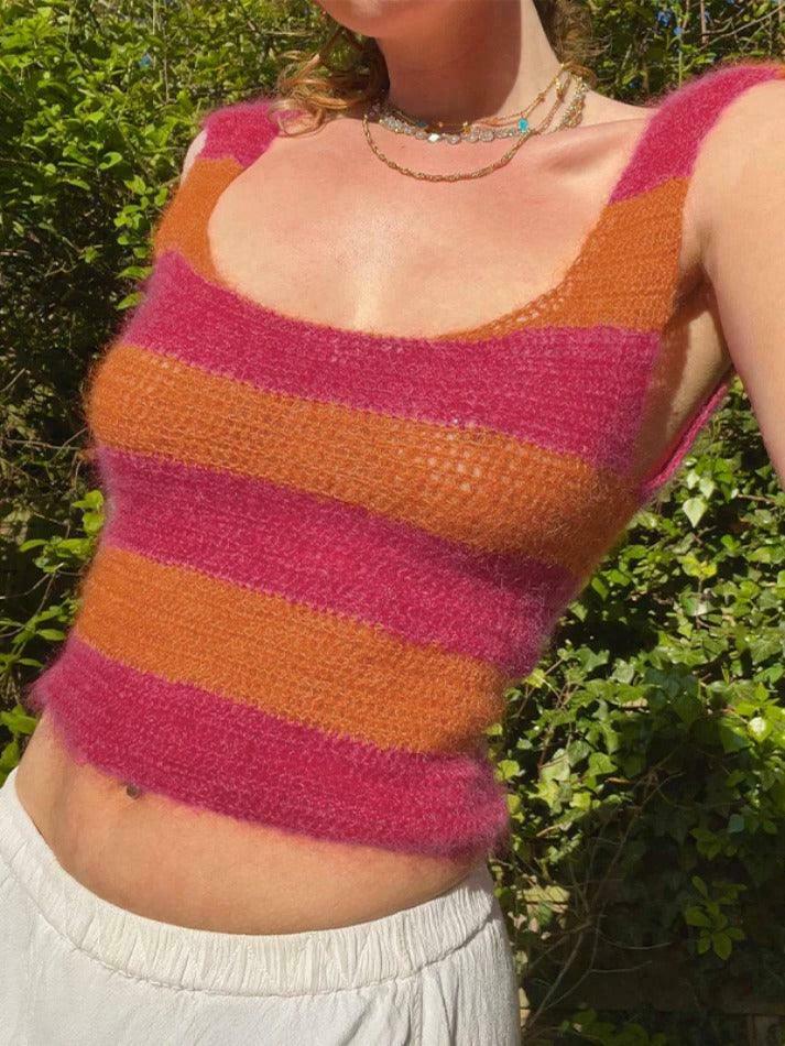 Colorful Stripe Backless Knit Sleeveless Top - Y2K Fashion Aesthetic for Women