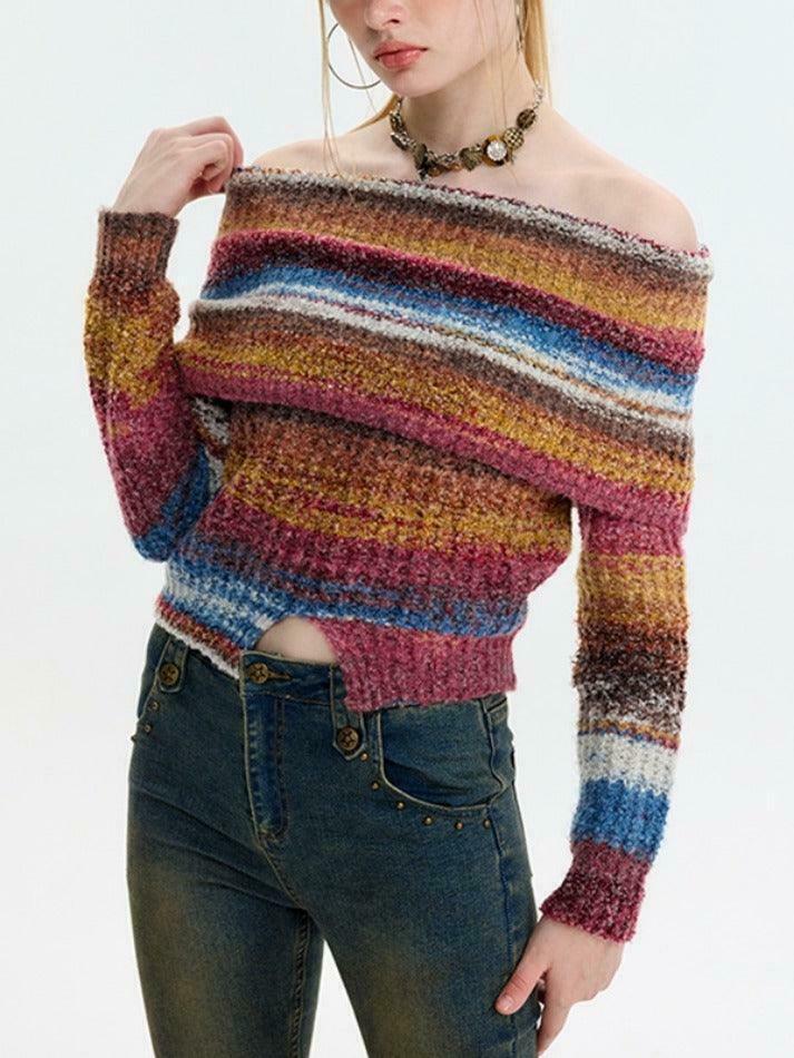 Colorful Stripe Off Shoulder Slit Sweater - Y2K Fashion Aesthetic Slim Fit Top