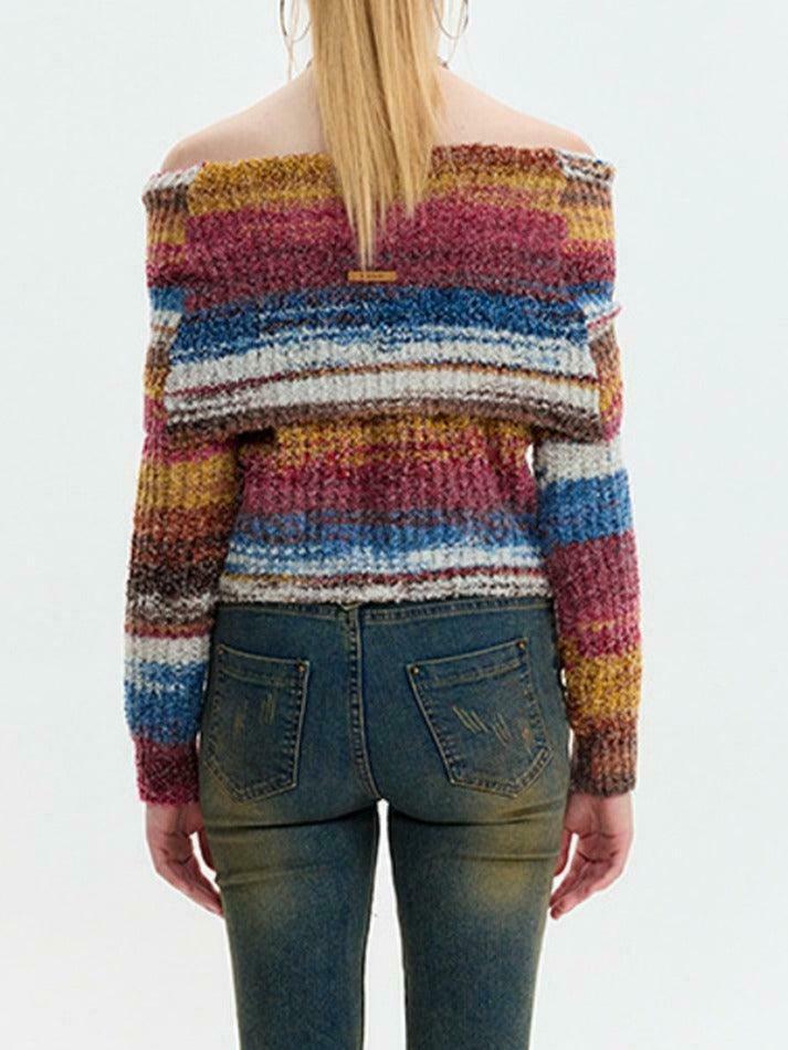 Colorful Stripe Off Shoulder Slit Sweater - Y2K Fashion Aesthetic Slim Fit Top