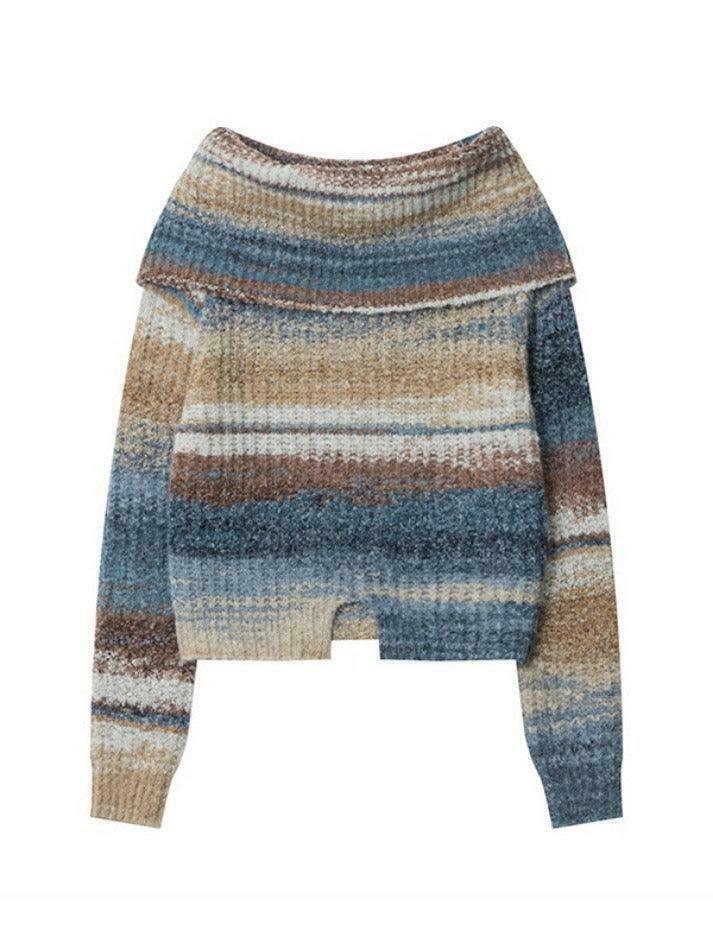 Colorful Stripe Off Shoulder Slit Sweater - Y2K Fashion Aesthetic Slim Fit Top