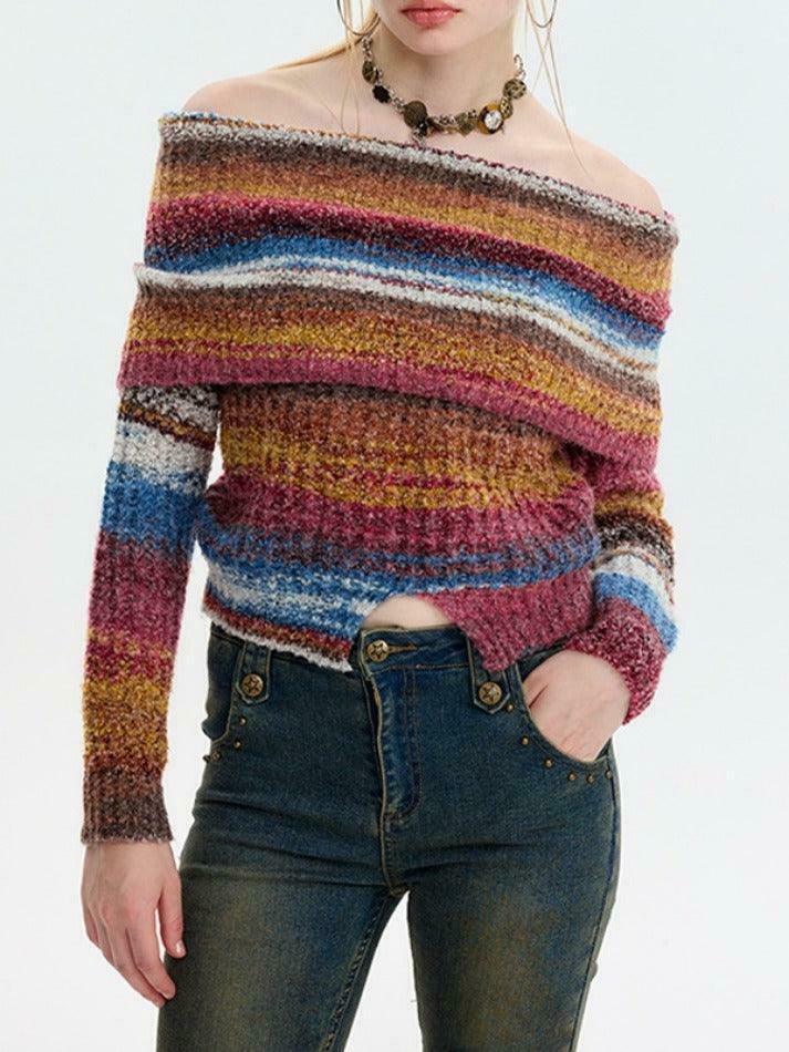 Colorful Stripe Off Shoulder Slit Sweater - Y2K Fashion Aesthetic Slim Fit Top