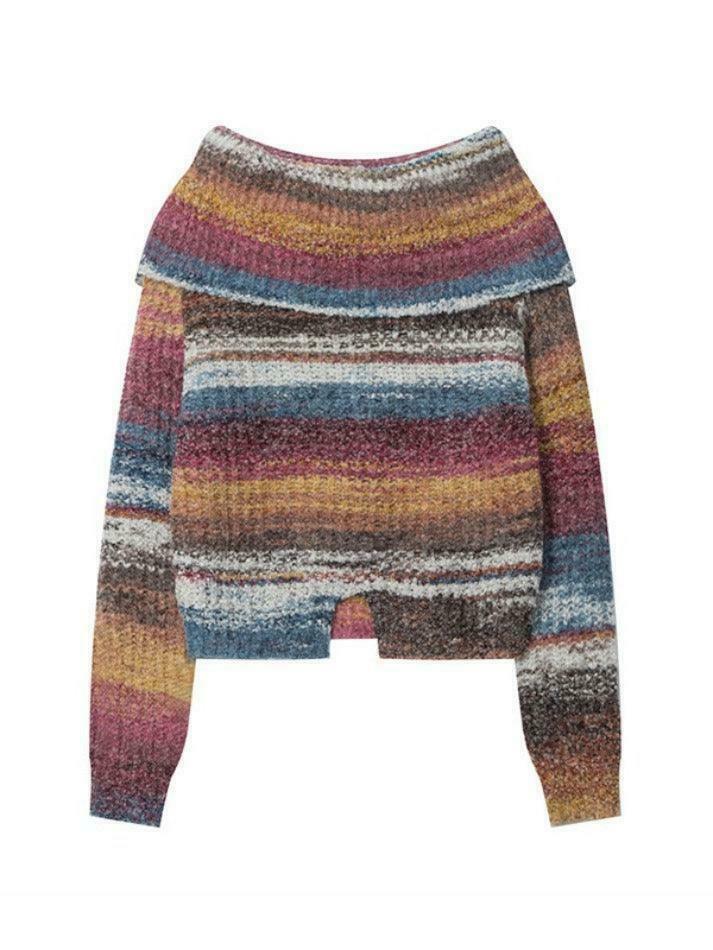 Colorful Stripe Off Shoulder Slit Sweater - Y2K Fashion Aesthetic Slim Fit Top