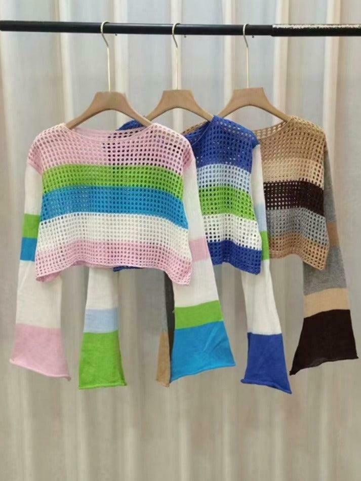 Colorful Stripe Patchwork Crochet Top - Y2K Fashion Aesthetic - Coquette Grunge Outfits