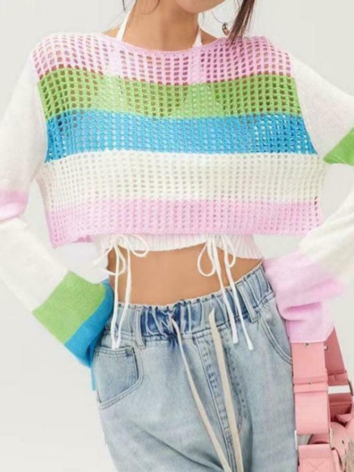 Colorful Stripe Patchwork Crochet Top - Y2K Fashion Aesthetic - Coquette Grunge Outfits