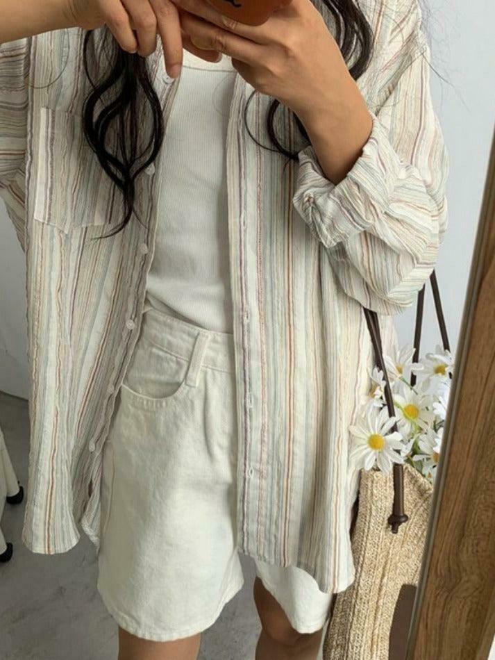 Colorful Stripe Print Button-Up Shirt for Y2K Fashion Enthusiasts