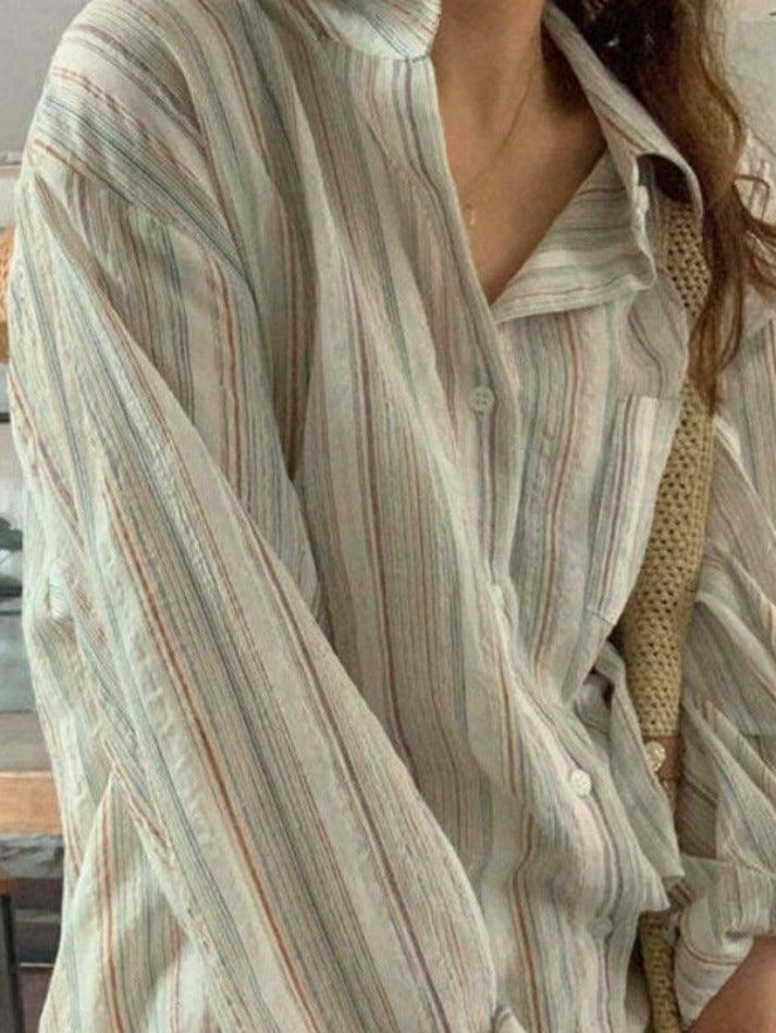 Colorful Stripe Print Button-Up Shirt for Y2K Fashion Enthusiasts