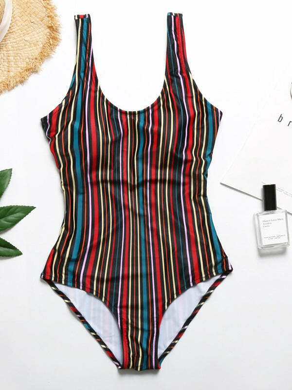Colorful Striped Cutout Swimsuit with Ties - Y2K Fashion Statement for Women