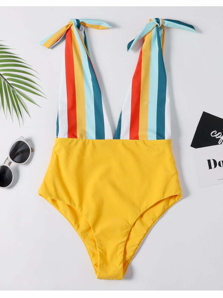 Colorful Striped Cutout Swimsuit with Ties - Y2K Fashion Statement for Women