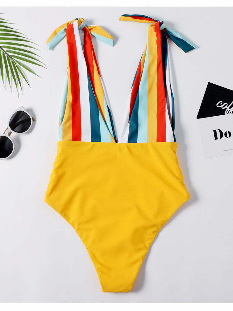 Colorful Striped Cutout Swimsuit with Ties - Y2K Fashion Statement for Women