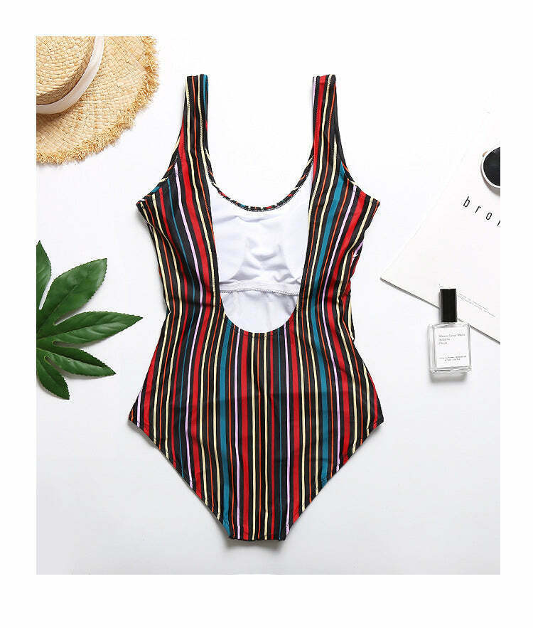 Colorful Striped Cutout Swimsuit with Ties - Y2K Fashion Statement for Women