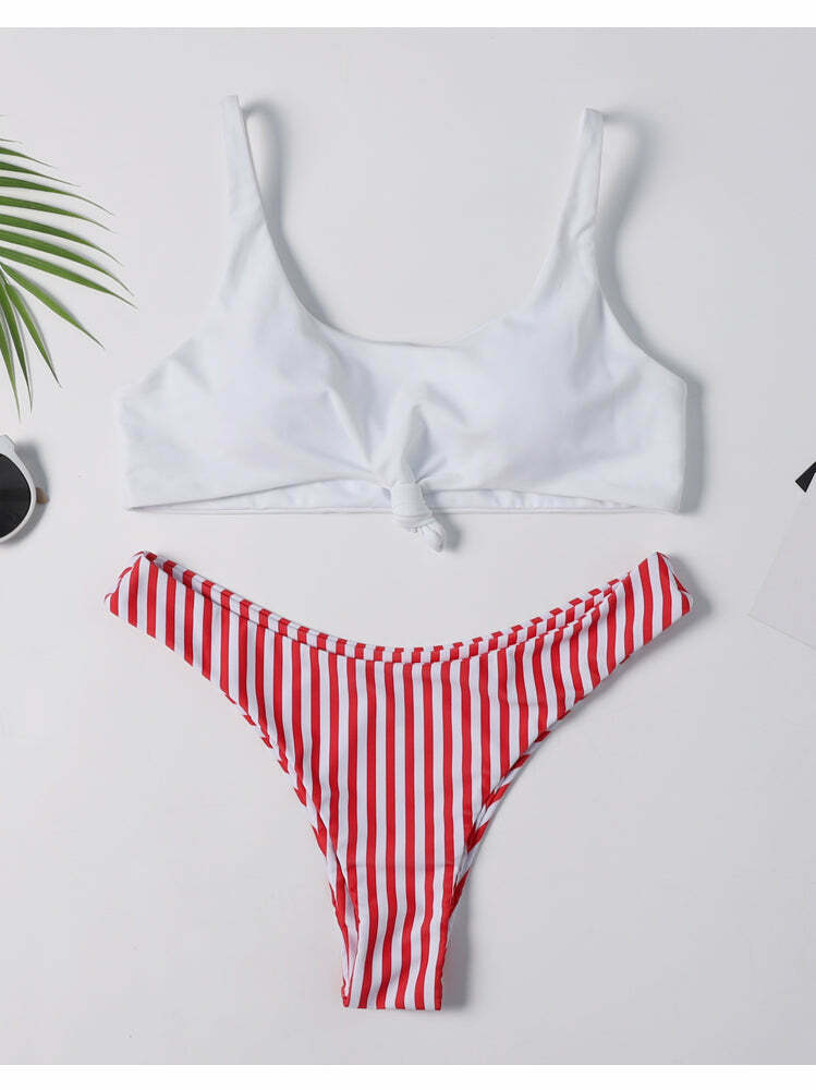 Colorful Striped Thong Bikini Set for Y2K Fashion Enthusiasts