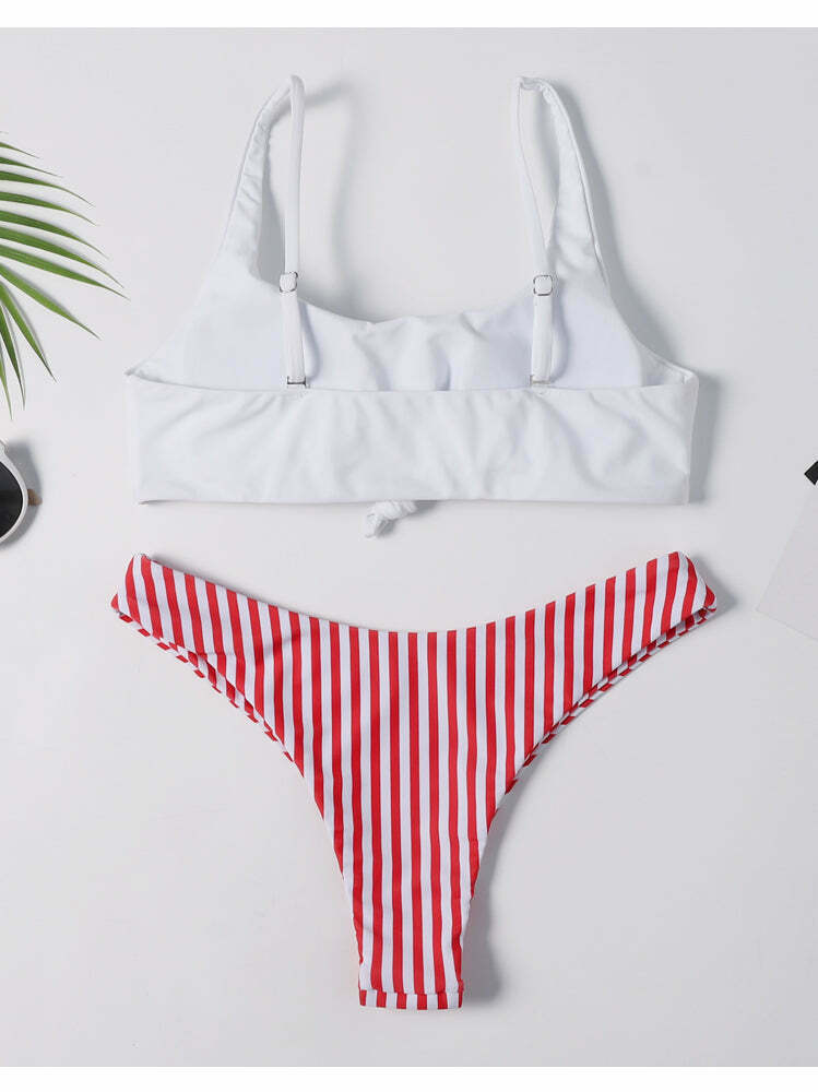 Colorful Striped Thong Bikini Set for Y2K Fashion Enthusiasts
