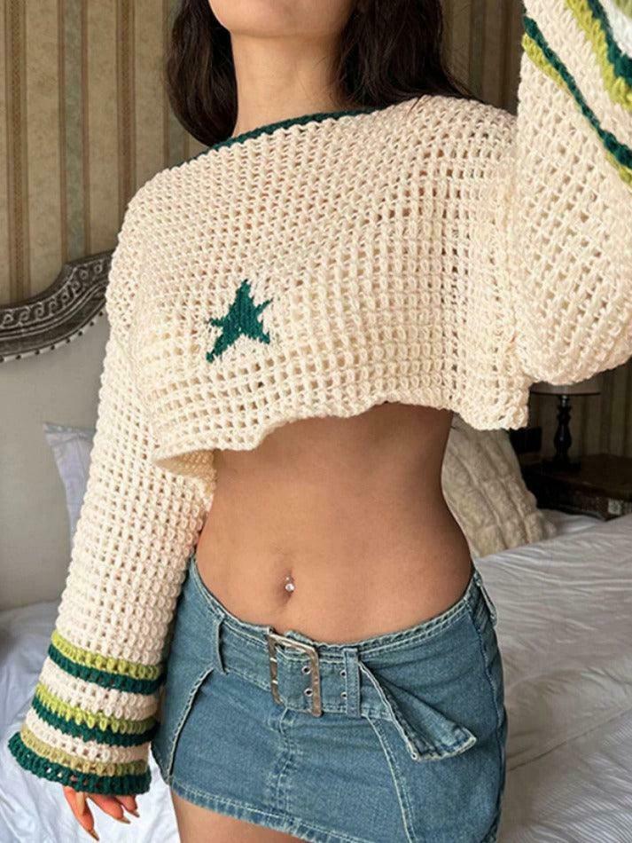 Contrast Color Star Crochet Top: Y2K Fashion Smock - Coquette Aesthetic, Grunge Style, Cute Tops