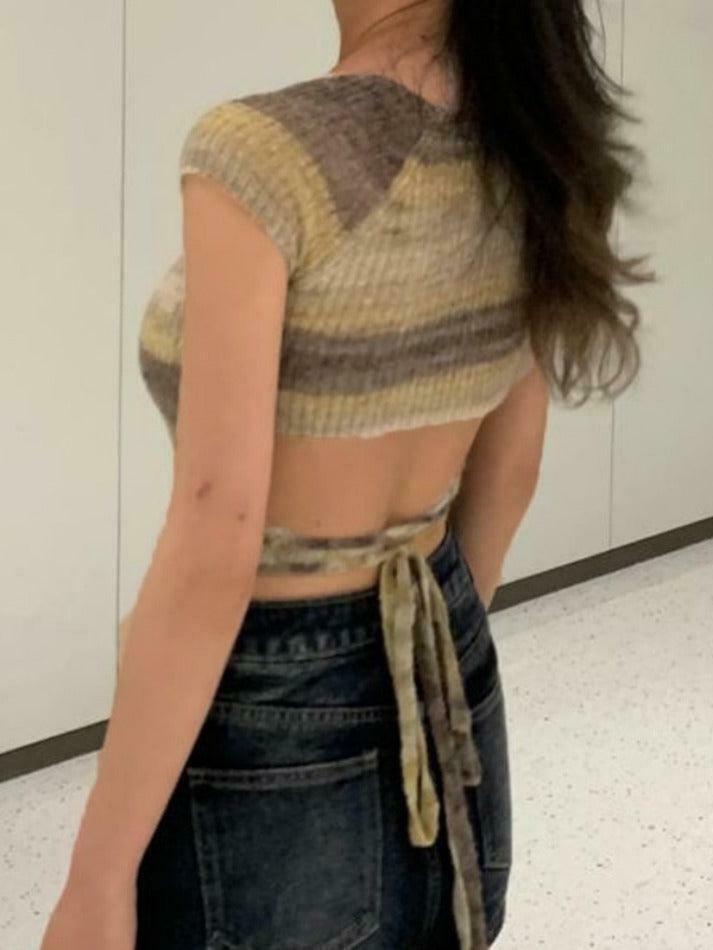 Contrast Color Striped Square Neck Knit Top - Y2K Fashion Aesthetic for Women