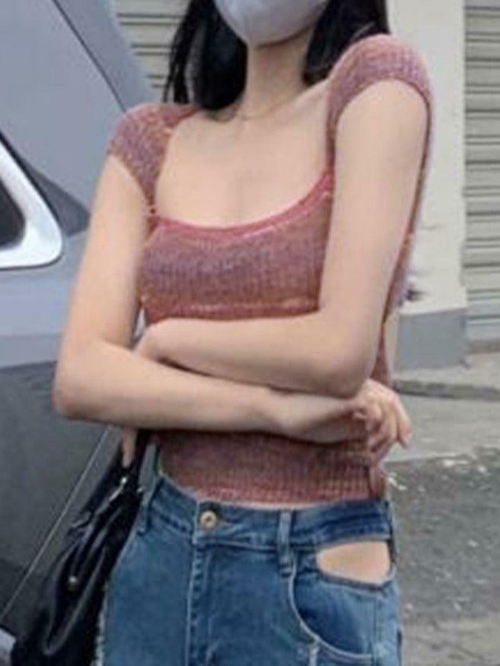 Contrast Color Striped Square Neck Knit Top - Y2K Fashion Aesthetic for Women