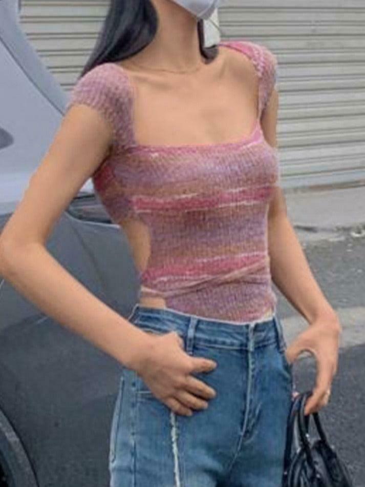 Contrast Color Striped Square Neck Knit Top - Y2K Fashion Aesthetic for Women