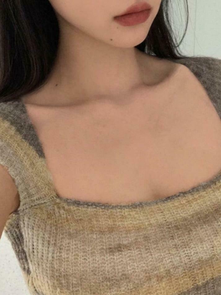 Contrast Color Striped Square Neck Knit Top - Y2K Fashion Aesthetic for Women