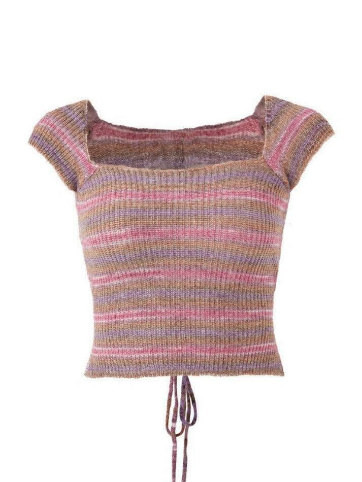 Contrast Color Striped Square Neck Knit Top - Y2K Fashion Aesthetic for Women
