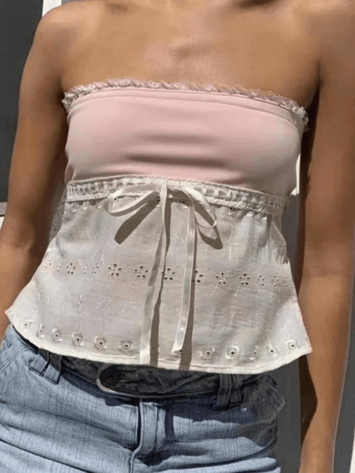 Contrast Lace Bandeau Crop Top - Y2K Fashion Aesthetic with Grunge and Coquette Style Elements
